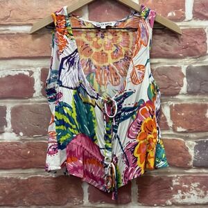 Walter Baker Crop Top Womens S Multicolor Tropical Floral Double Tie Front Shirt